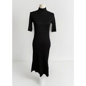 Massimo Dutti Black Maxi Dress M Mock Neck Rib Knit Side Slit Minimalist Chic